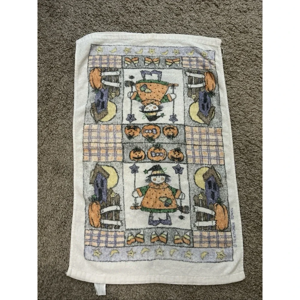 Vintage Halloween Towel Boo Ghosts Bats 80's 90's Kitchen Hand Towel